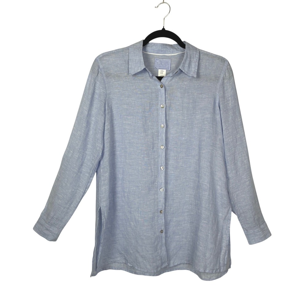 Sigrid Olsen Womens Linen Button Down‎ Shirt Size XS Powder Blue Vacation Resort